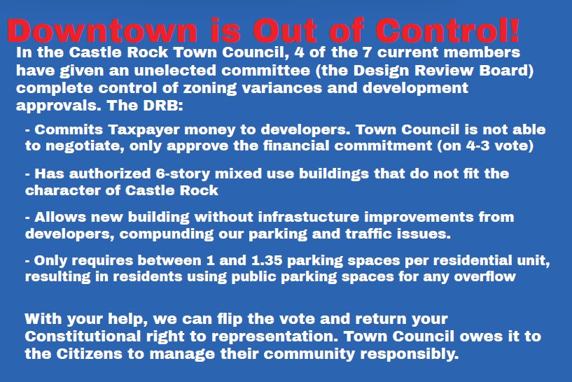 A campaign flier for Dean Legatski, running in Castle Rock Town Council District 3 against Kevin Bracken, raises concerns about the town's Design Review Board. Legatski would like to reduce the board's authority over downtown development, while Bracken supports the board as is.